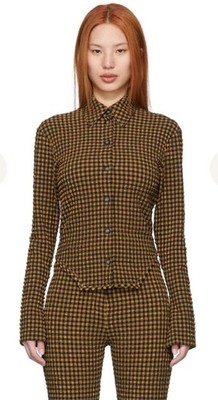 Nanushka Saro Button Up Brown Black Check Seersucker Fabric Long Sleeve Sz XS