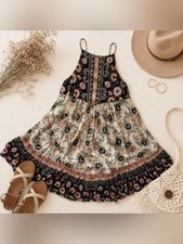 Free People Boho Floral Print Halter Mini Dress Black Pink Paisley India