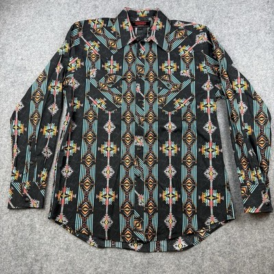 Rock & Roll Denim Shirt Mens Large Multicolor Aztec Western Pearl Snap Cowboy