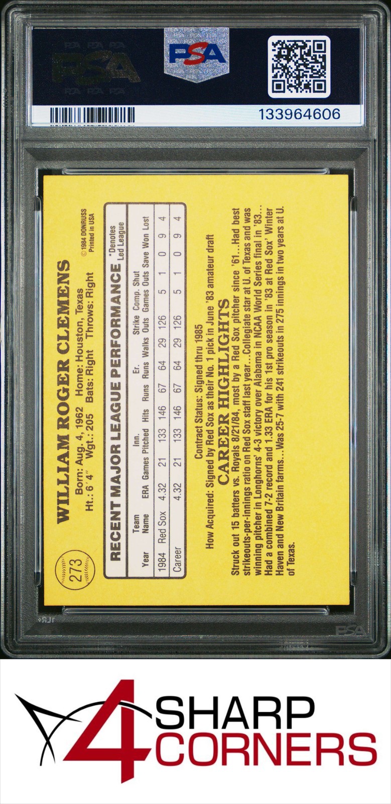 1985 DONRUSS #273 ROGER CLEMENS RC RED SOX PSA 10 view 2