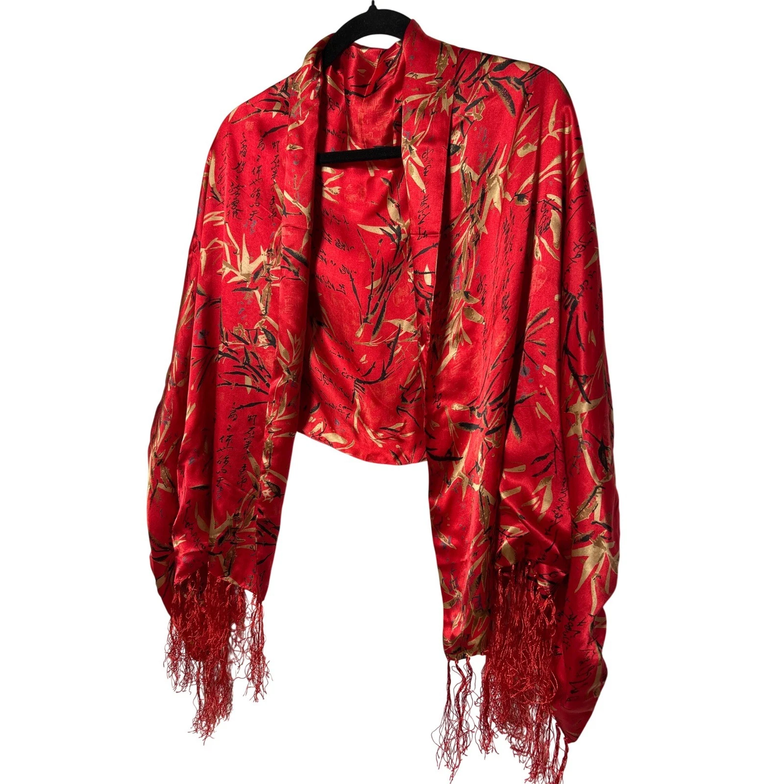 Bamboo Calligraphy Print 100% Silk Fringe Wrap Scarf Red Gold Black 58" x 22"
