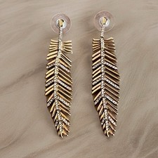Vtg Gold Tone Feather Dangle Earrings - Rhinestone Accents - Long 2.75  Pierced