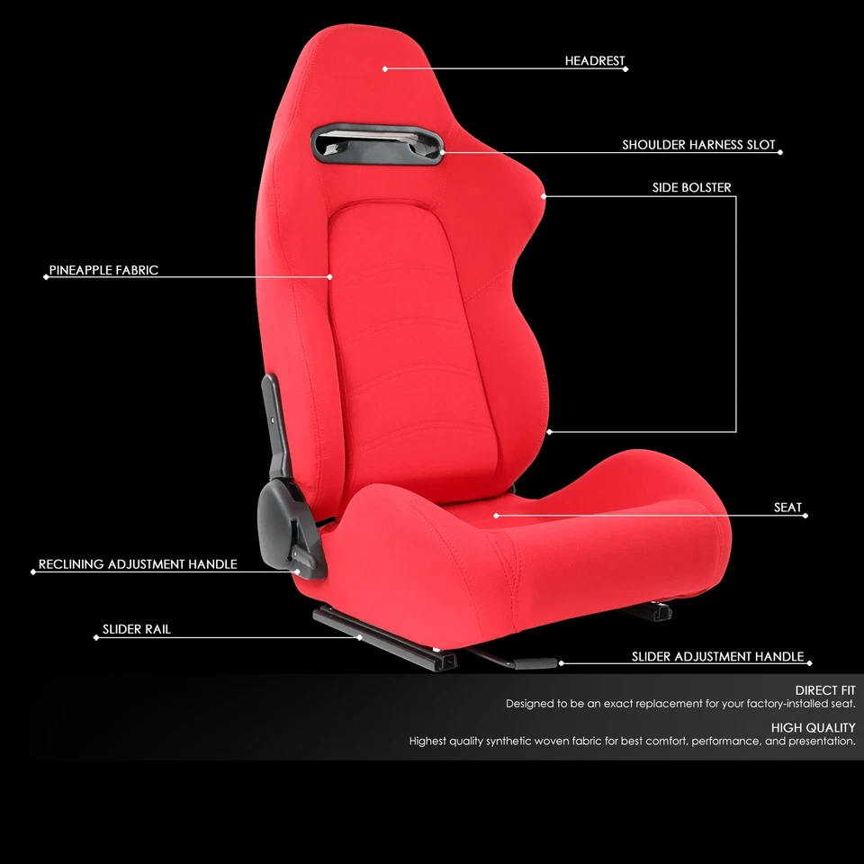 Pair Universal Red Woven Fabric Reclinable Racing Seats w/ Bottom Mount Sliders Foto 2 de 4