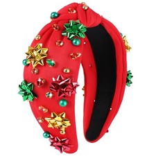 Christmas Headbands for Women, Red Knotted Xmas Headband with Christmas Bow
