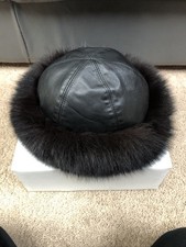 Vintage KATES BOUTIQUE of CANADA BLACK LEATHER  & REAL FUR TRIMMED Hat SMALL
