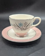 Homer Laughlin China Cup & Saucer Pink Band Silver Trim Blue & Gray Flowers