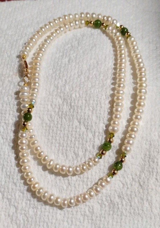 14k Freshwater Pearl, Swarvoski Elements & Moss Green Agate Necklace 20" #38