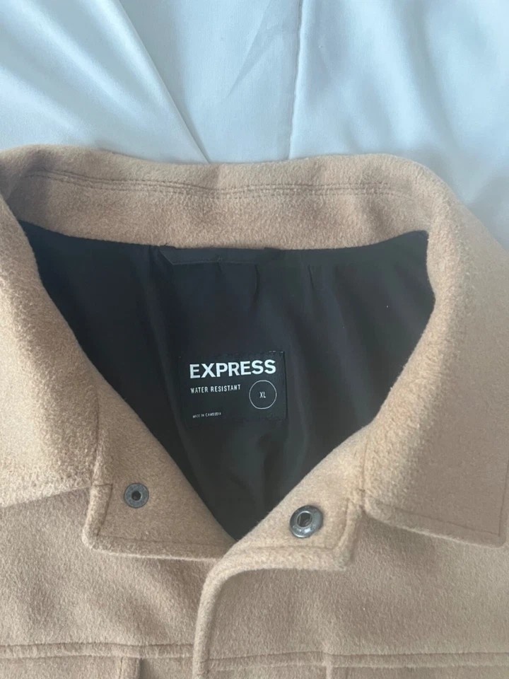 Men’s Express wool blend trucker shirt jacket, size is XL and color is Camel.  - Image 2 of 4