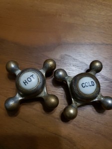 Vintage Antique Hot Cold Water Faucet Knobs Silver Finish On