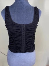 Shinestar Corset Style Crop Top Ruched Black Front Close Hook & Eye Size Large