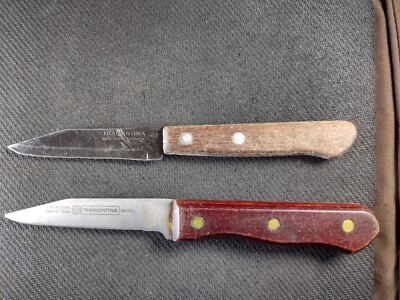 Set of 2 Vtg Tramontina Stain Free High Carbon Brazil Knives Wooden Handle