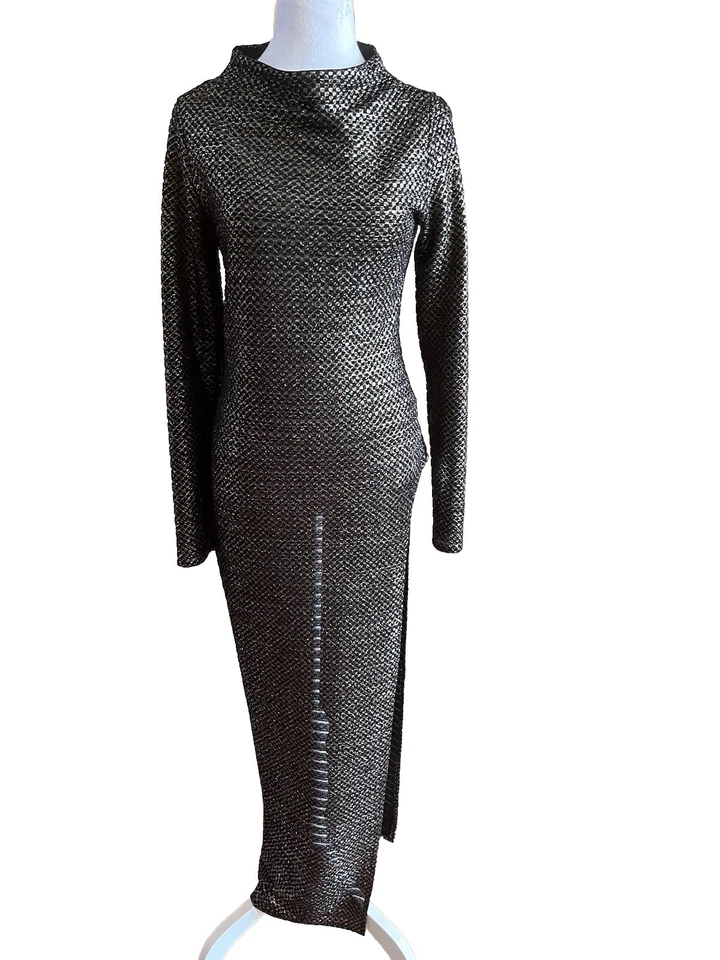 MONACO USA Black & Silver Column Dress Size XS Mock Neck High Slit Vintage 70’s - Image 2 of 4