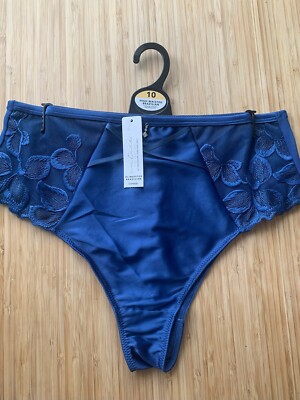 High Waisted Brazilian Knickers Briefs Teal Embroidered Hip Size