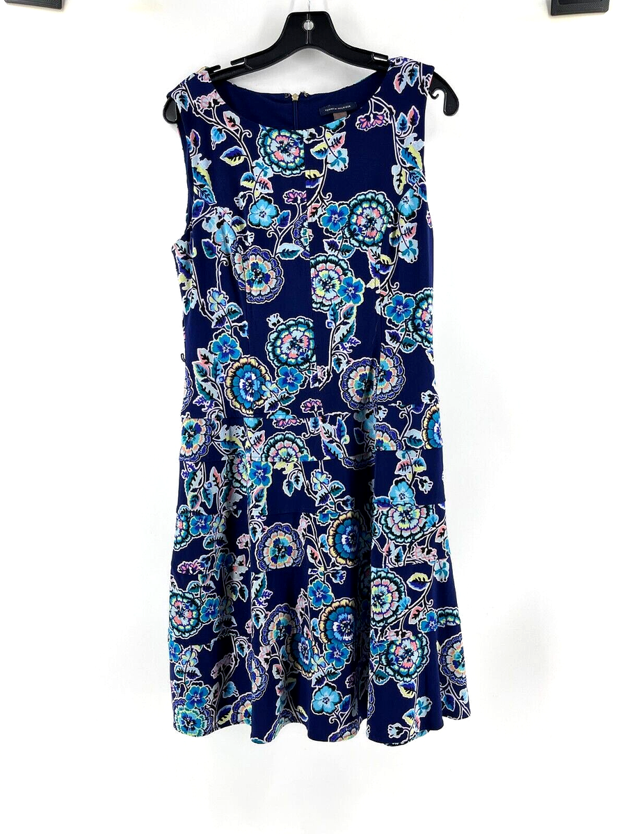 Tommy Hilfiger Women's Blue Floral Sleeveless Stretch Cocktail Party Dress Sz 8