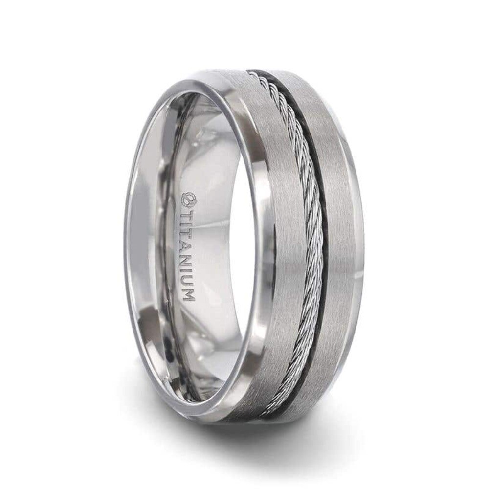 Thorsten ALBERT Steel Cable Inlaid Brushed Center Titanium Men's Wedding Band With With Beveled Polished Edges - 8mm Thorsten ALBERT Steel Cable Inlaid Brushed Center Titanium Men's Wedding Band With With Beveled Polished Edges - 8mm