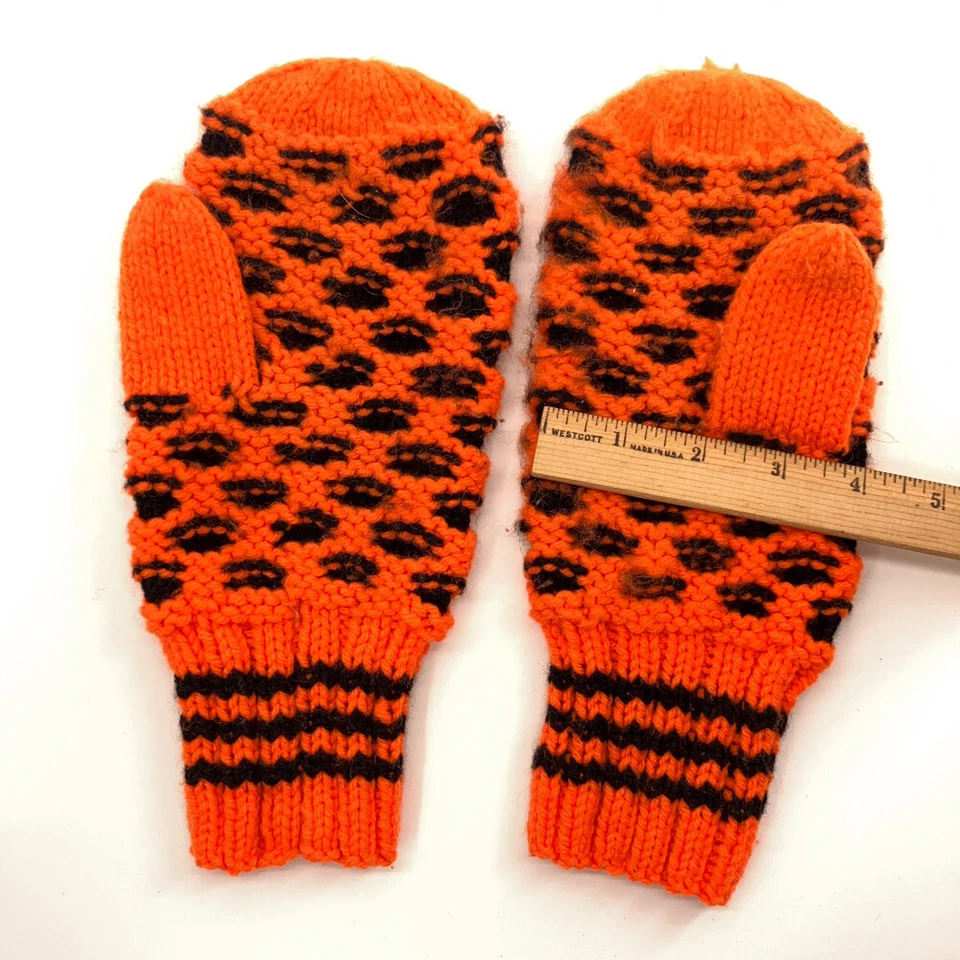 Home knit orange black pattern mittens - Image 4 of 4
