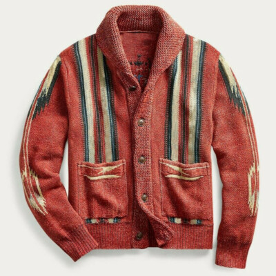 Red Mens Cardigan Knit Sweater Autumn Winter Vintage Print Sleeve Lapel Coat