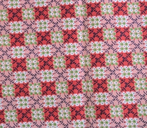 Vintage Patchwork Flower Power Pink Green Cotton Fabric 2.5 Yd 1950s 60s MCM