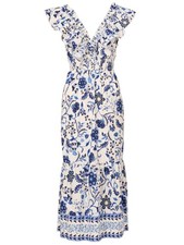 Adrianna Papell Women's Printed Ruffle Midi Dress, White/Blue Multi, 4, S