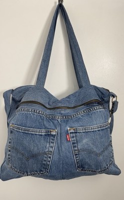 Levi s Vintage Reworked Denim Blue Tote Bag Top Zip And Front Zip, Lined