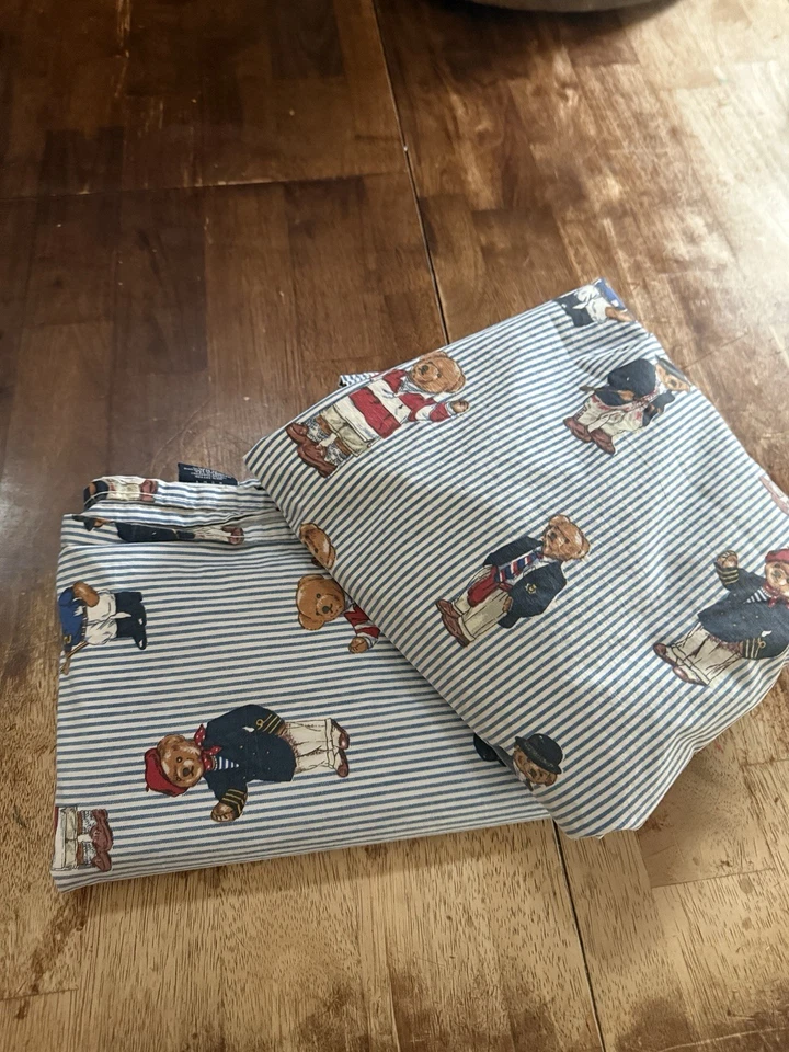 Ralph Lauren Vintage Teddy Bear Polo Striped Twin Sheet Set Fitted & Flat READ - Image 2 of 4