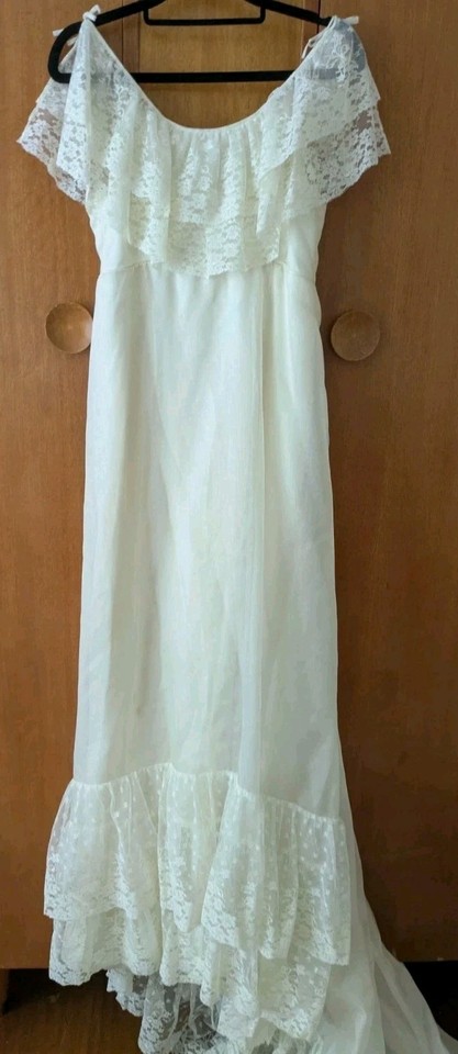 Vintage Wedding Boho Organza Dress with train & lace soft Boho Beautiful 