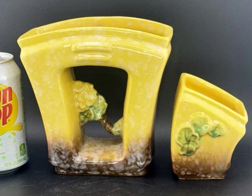 Roseville Artwood Yellow 1951 Vintage Mid Century Modern Pottery Planters 2-pc