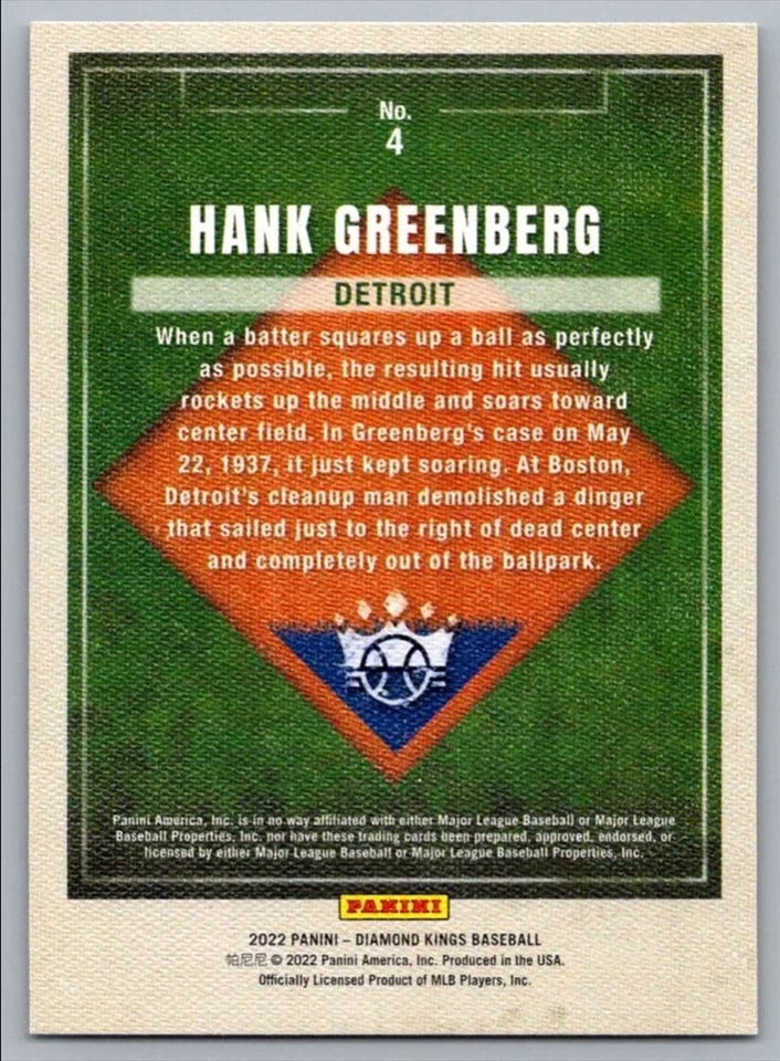 2022 Panini Diamond Kings Hank Greenberg Detroit Tigers #4 - Image 2 of 2