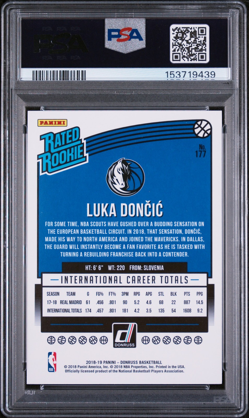 2018 PANINI DONRUSS #177 LUKA DONCIC ROOKIE RC PSA 10 view 2