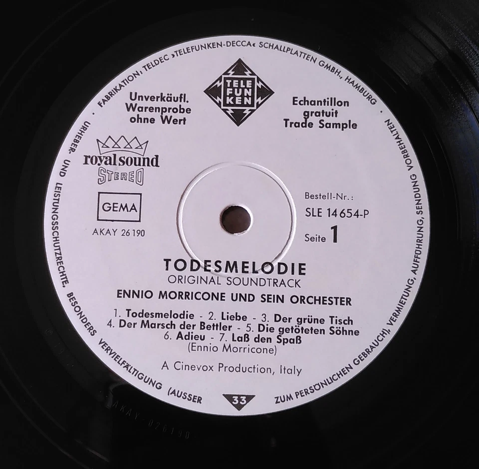 Vinyl LP Ennio Morricone – Todesmelodie, Soundtrack, Testpress/Promo - Bild 2 von 4