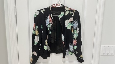 Zara Basic Collection black floral print bomber jacket Size Medium 