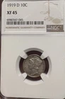 1919 D NGC Certified XF Mercury Silver Dime With Toning  And Rotated Dies
