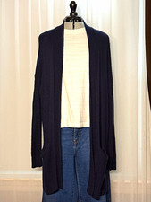 LOFT Women's Navy Rib-Knit Open Front Long Sleeve Cardigan Sweater L