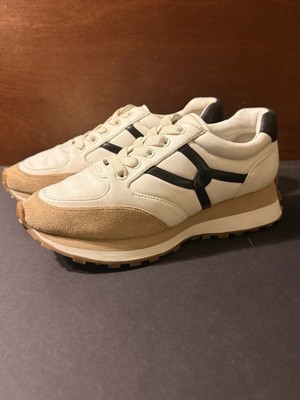 Veronica Beard Women's 9 White Beige Black Leather Suede Sneakers Lace-Up Logo 