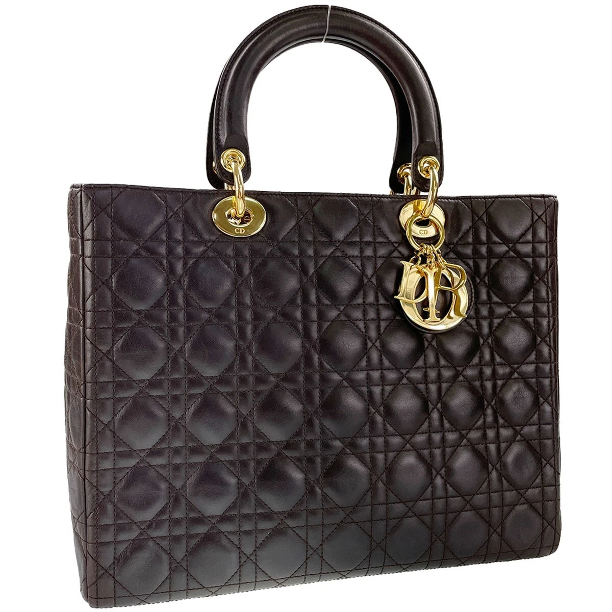 Sac à main Christian Dior Lady Dior logo breloque tissu peau d'agneau marron foncé 1486
