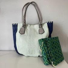 EUC OrYANY Lyssie Braided Leather Tote Shoulder Bag Blue Baseball Theme
