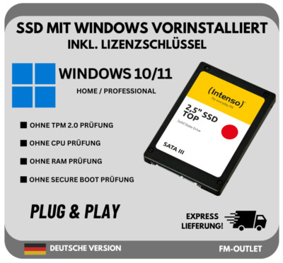 SSD Festplatte mit vorinstallierten Windows 10 / Windows 11 OHNE TPM PC Laptop
