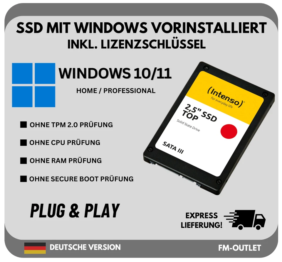 INTENSO SSD Festplatte mit vorinstallierten Windows 10 / Windows 11 OHNE TPM PC Laptop