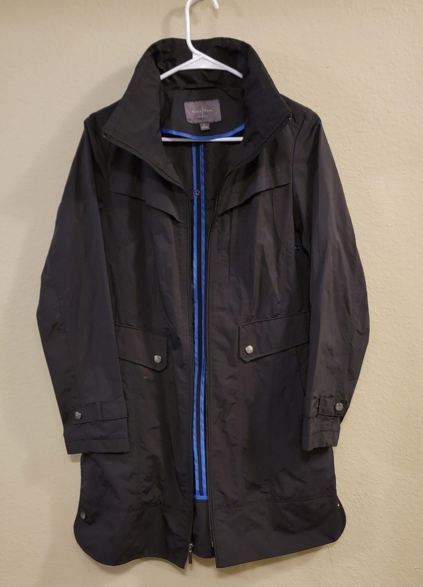 Cole Haan Women's Black Rain Trench Coat Hidden Hood Winter Jacket Packable