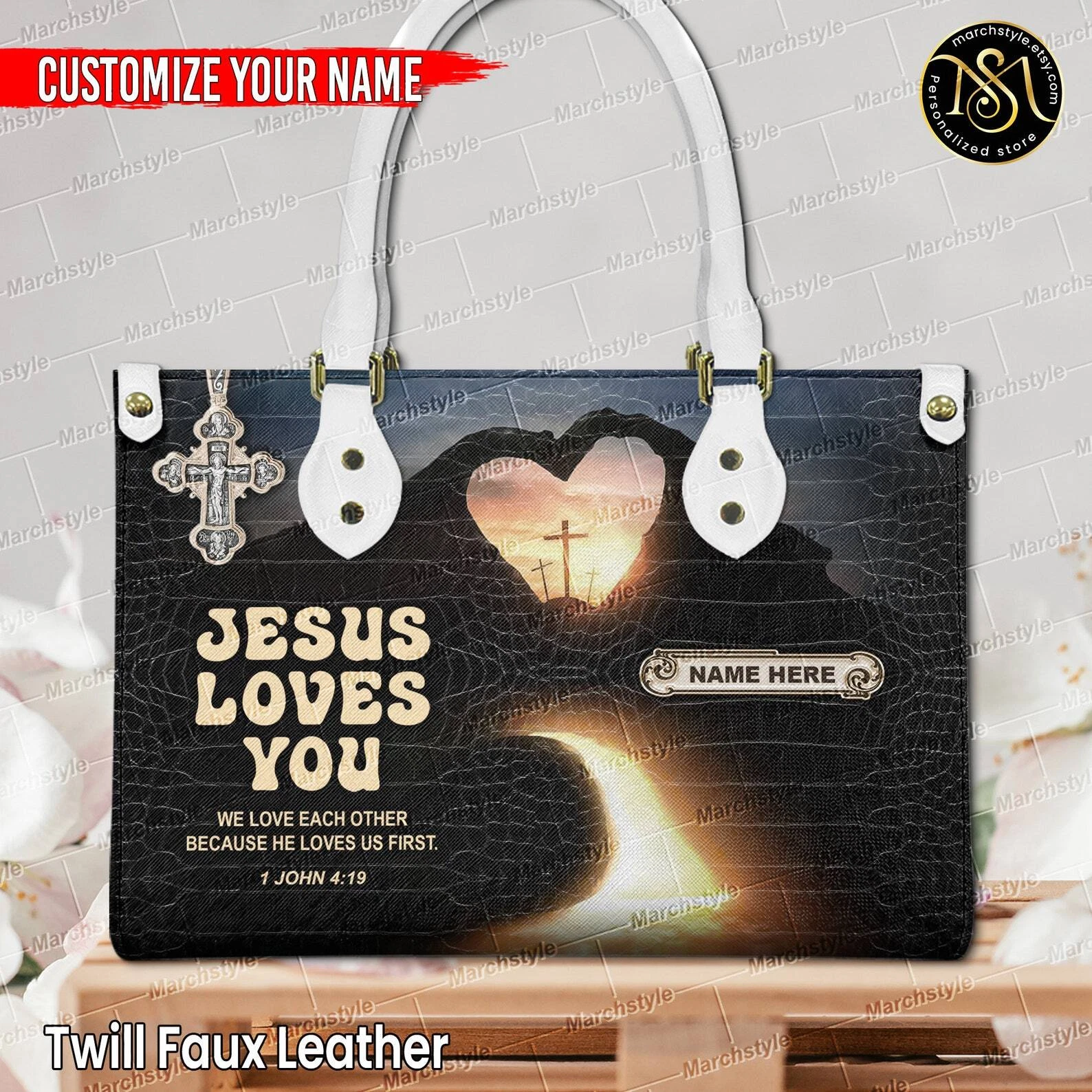 Personalized Leather Handbag & Purse with Bible Verse, Custom Name Jesus Loves