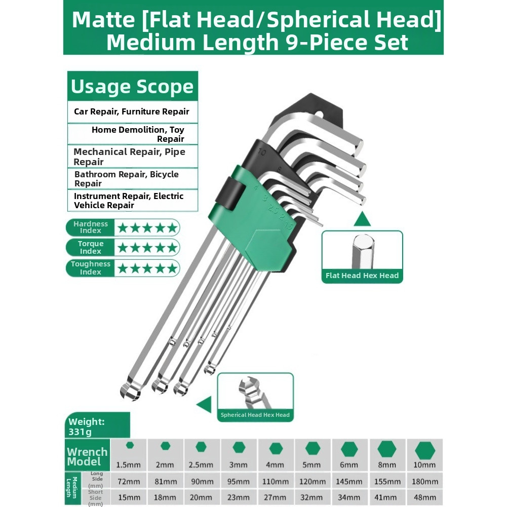 9 Piece L Shaped Ball Head Hex Wrench Set Alloy Steel For Household Use
