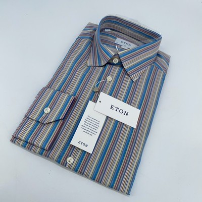 Eton Dress Shirt Mens L 16 1/2 - 42 Multi Striped Textured Twill Slim Fit Formal
