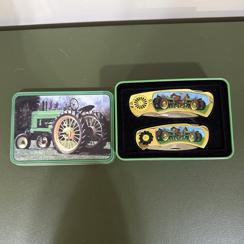 John Deere Tractor Pocket Knife Set in Tin Case, 2 Knives, Agriculture Theme