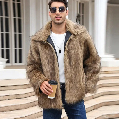 Men's Faux Fox Fur Jacket Fluffy Warm Winter Lapel Collar Short Coat Outerwear - product listing photo