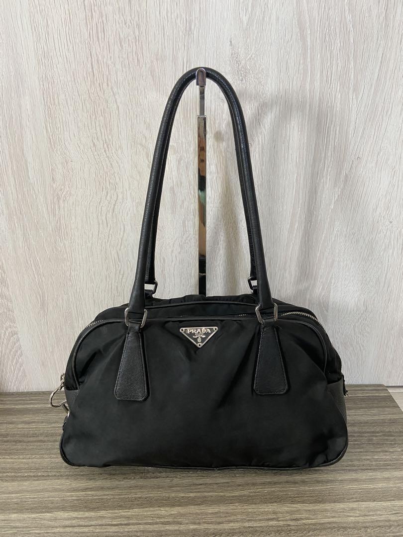 Prada Nylon Handbag with Triangle Logo Black Leather Japan Import