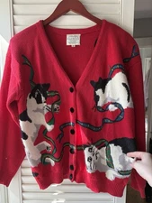 Vintage Susan Bristol Cat Cardigan Christmas Ribbon Rare