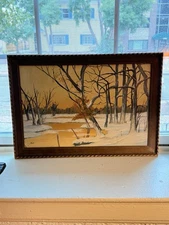 Mid-Century Winter Landscape Oil Painting Signed DLC Rustic Cabin Lodge