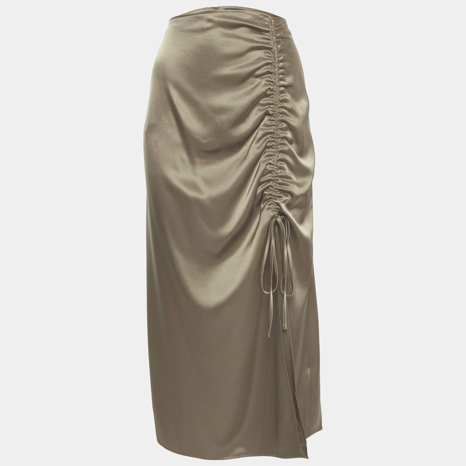 Polo Ralph Lauren Khaki Satin Ruche Midi Skirt L