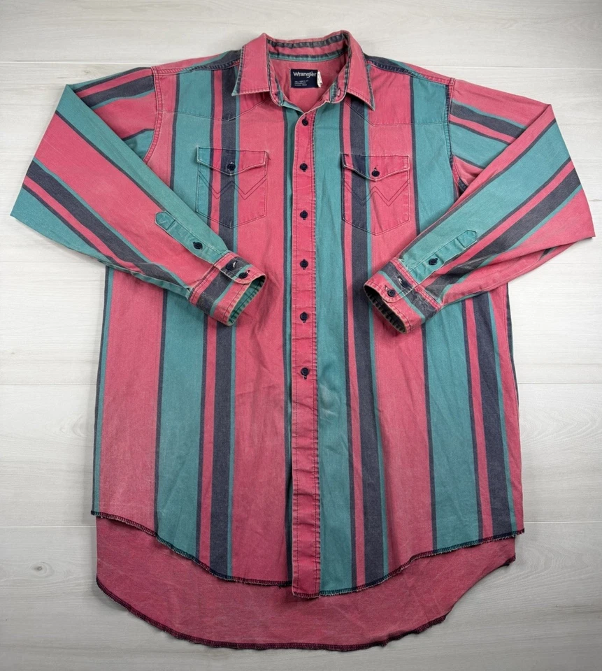Vtg Wrangler REAL Brushpopper Shirt Pink Turquoise Striped Cowboy USA Made 2XLT - Image 2 of 4