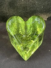 Fire and Light  Celery Recycled Glass Heart Paperweight  Signed 2”